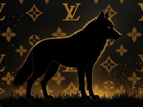 Schwarzer Wolf vor goldenem Monogramm