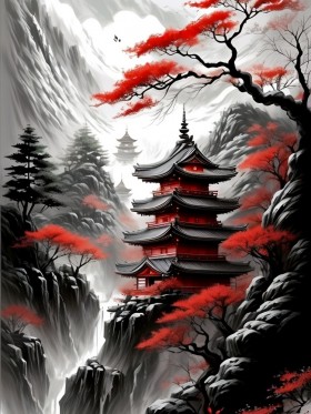 Rote Pagode im Bergnebel