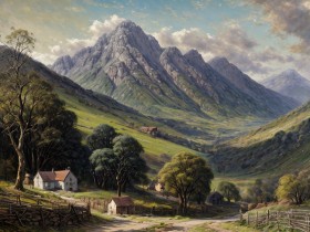 Majestätisches Bergtal mit Hütten