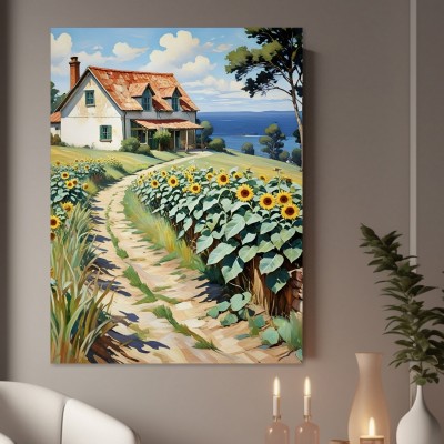 Küstenhaus mit Sonnenblumenweg