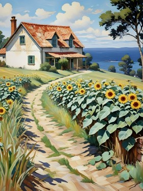 Küstenhaus mit Sonnenblumenweg