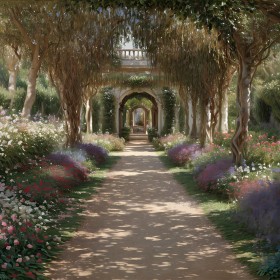Blühender Gartenweg mit romantischem Torbogen