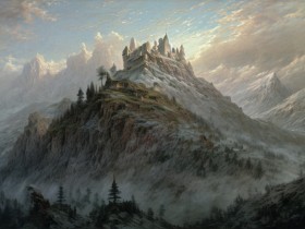 Bergfestung im Nebel