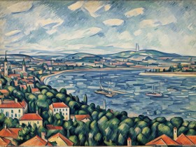 Seestadt mit roten Dächern