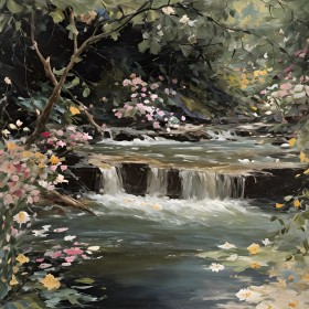 Waldfluss mit Blütenzauber