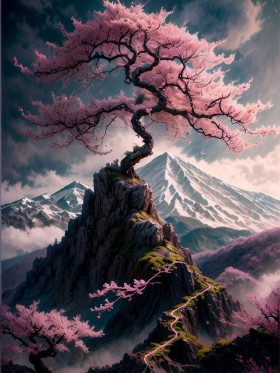 Kirschblüte über den Bergen