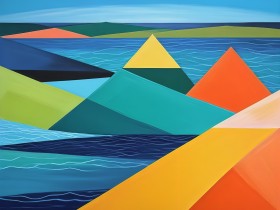 Geometrische Küstenlandschaft in leuchtenden Farben