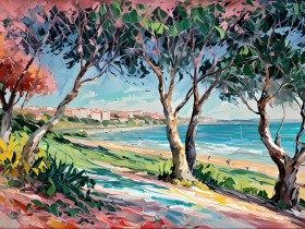 Mediterrane Küste im Schatten der Bäume