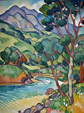 Expressionistische Flusslandschaft mit Bergen