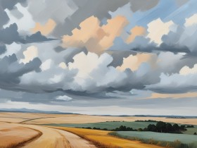 Dramatische Wolken über Feldern