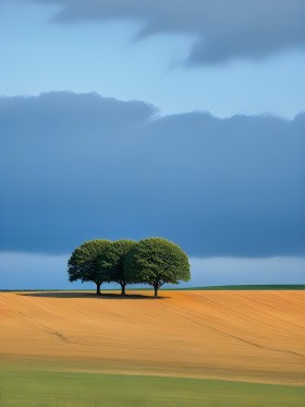 Drei Bäume unter Sturmwolken