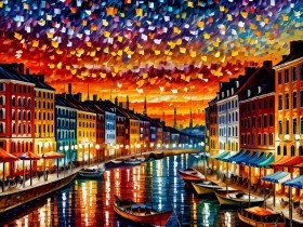 Farbenfrohe Kanalstadt bei Sonnenuntergang
