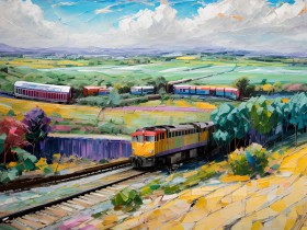 Zugfahrt durch bunte Landschaft