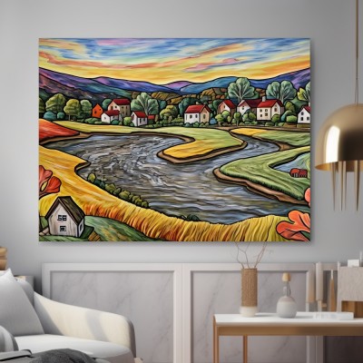 Farbenfrohes Dorf am Fluss