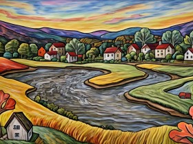 Farbenfrohes Dorf am Fluss