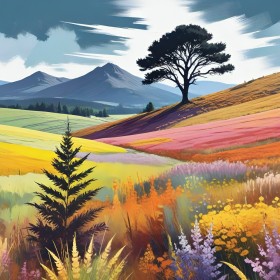 Farbenfrohe Hügellandschaft mit Baum