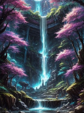 Magischer Wasserfall im Blütenwald