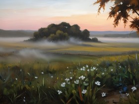 Morgennebel über der Blumenwiese