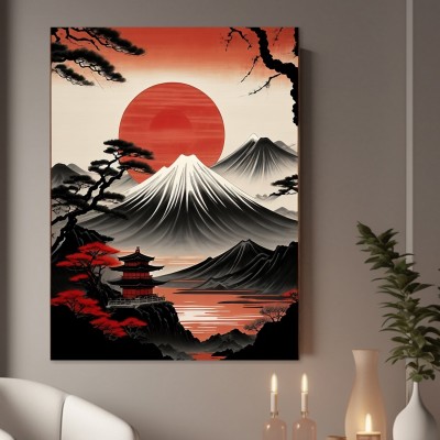 Japanische Berglandschaft mit roter Sonne