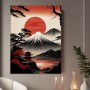 Japanische Berglandschaft mit roter Sonne
