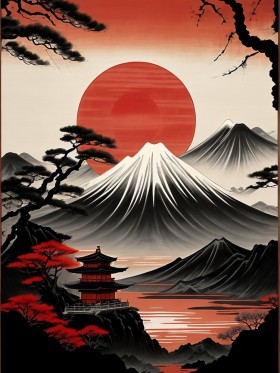 Japanische Berglandschaft mit roter Sonne