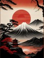 Japanische Berglandschaft mit roter Sonne