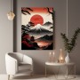 Japanische Berglandschaft mit roter Sonne