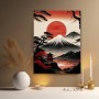 Japanische Berglandschaft mit roter Sonne