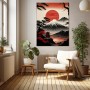 Japanische Berglandschaft mit roter Sonne