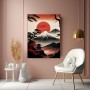 Japanische Berglandschaft mit roter Sonne