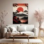 Japanische Berglandschaft mit roter Sonne