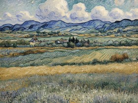 Expressive Feldlandschaft mit Bergen
