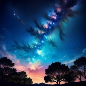 Kosmischer Nachthimmel über Baumlandschaft