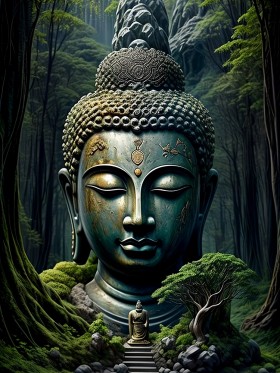 Buddha im mystischen Wald