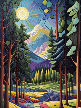Bunter Bergwald im Sonnenlicht