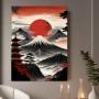 Japanische Berglandschaft mit roter Sonne