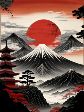 Japanische Berglandschaft mit roter Sonne