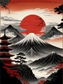Japanische Berglandschaft mit roter Sonne