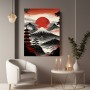 Japanische Berglandschaft mit roter Sonne