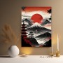 Japanische Berglandschaft mit roter Sonne