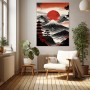 Japanische Berglandschaft mit roter Sonne