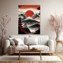 Japanische Berglandschaft mit roter Sonne