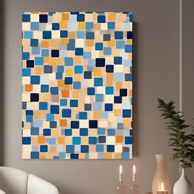 Abstraktes Quadrat-Mosaik in Blau und Orange