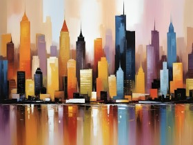 Farbenfrohe Skyline im Abendlicht