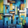 Abstrakte Stadtfassade in Blau und Gelb