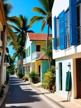 Tropische Gasse mit bunten Häusern