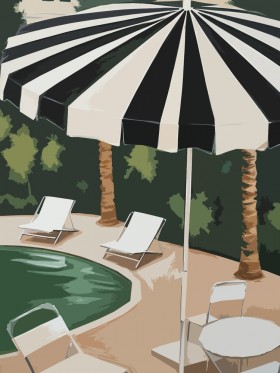 Poolterrasse mit Streifenschirm