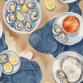 Aquarell Stillleben mit Austern und Zitronen