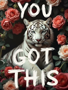 Weißer Tiger mit Rosen und Statement