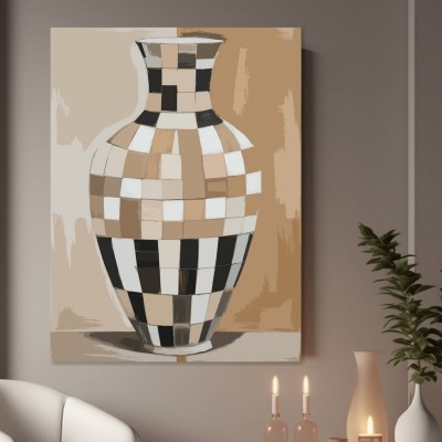 Schachbrett Vase in Beige und Schwarz